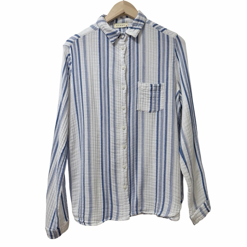 Stark X Womens Cotton Gauze Button Up Shirt Size L Blue White Coastal Flowy